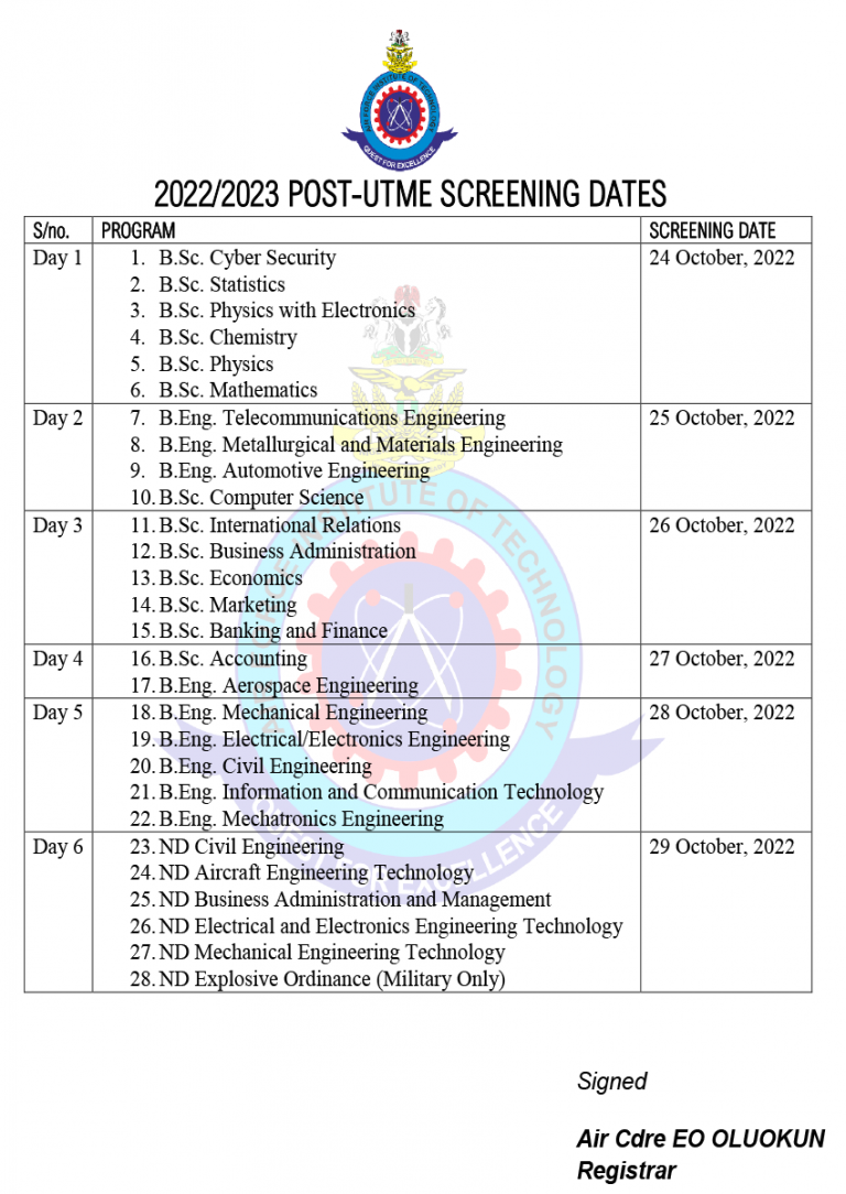 2022/2023 POSTUTME SCREENING DATES AIR FORCE INSTITUTE OF TECHNOLOGY